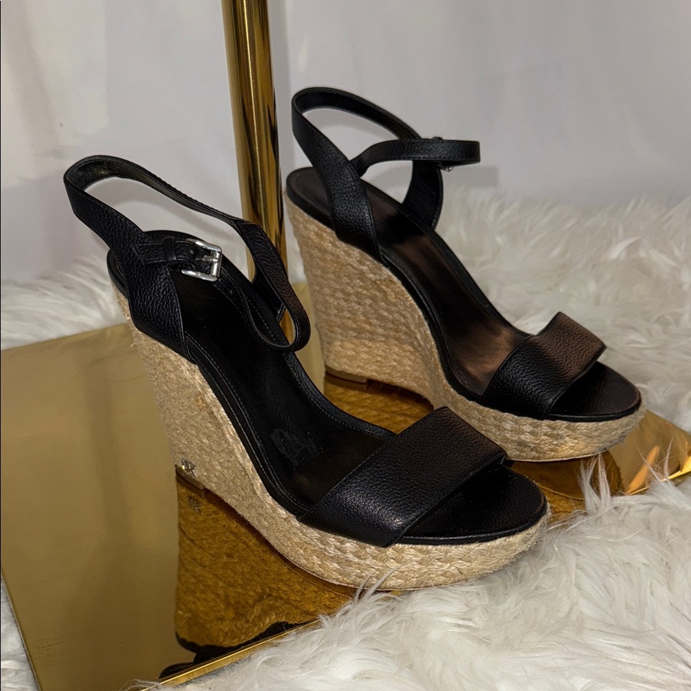 Michael Kors Black Leather and Tan Woven Wedges